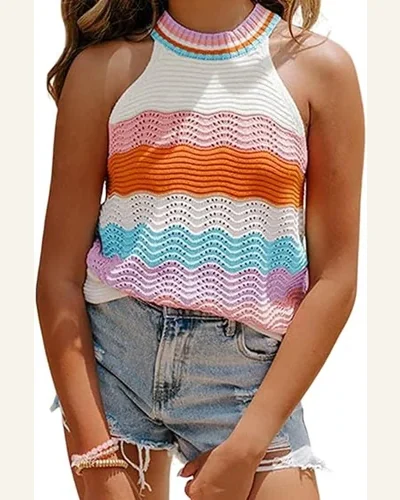 Casual Multicolour Wavy Striped Print Textured Knit Sweater, view 1