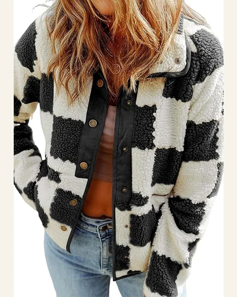 Casual Black Checkerboard Shacket Jacket Snap Button Boucle by SELINK