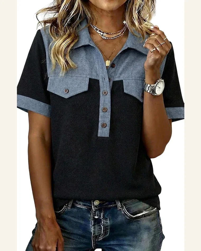Waffle Knit Denim Patchwork Button Down Polo Top by SELINK