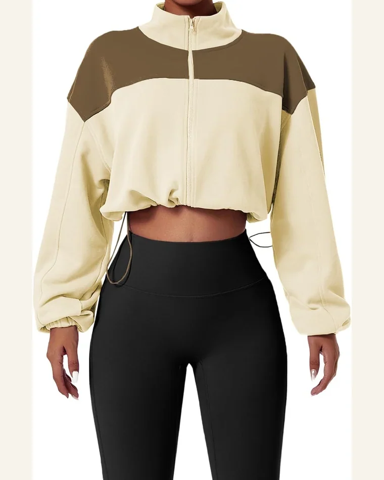 Shacket Jacket Active Beige Color Block Drawstring Cropped by SELINK