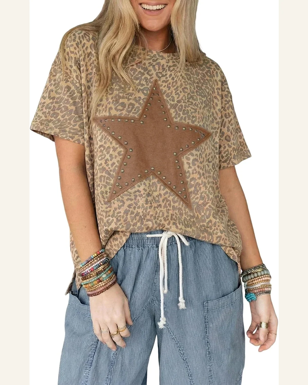 Retro Leopard Print T-Shirt Studded Star Loose Tee by SELINK
