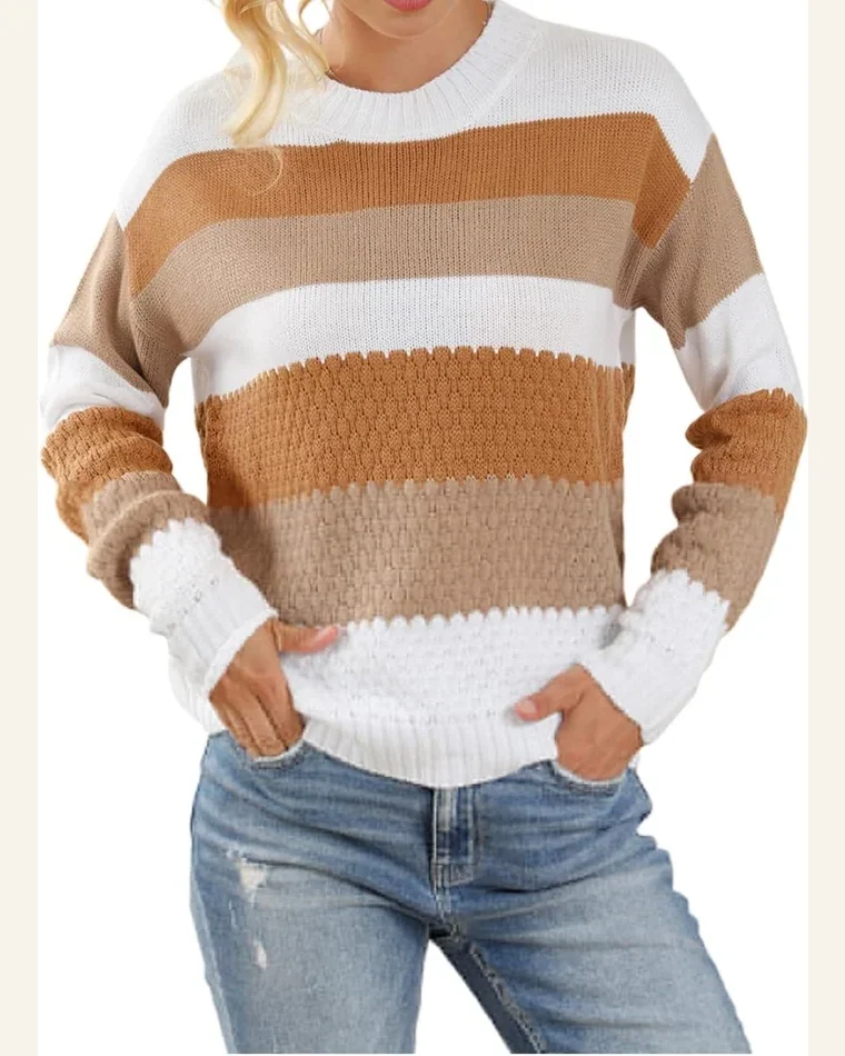 Pullover Sweater Tops Casual Chestnut Striped Cable Knit by SELINK