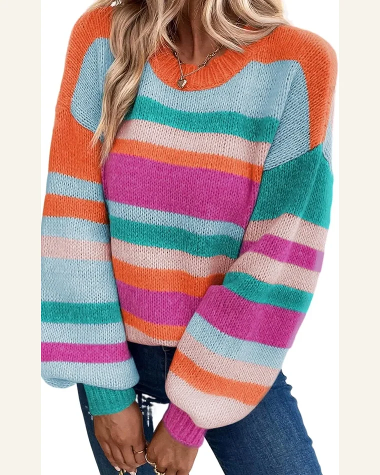 Pullover Sweater Tops Casual Multicolor Striped Knit Drop by SELINK