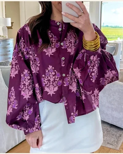 Floral Tops Long Puff Sleeve Blouse Button, view 3