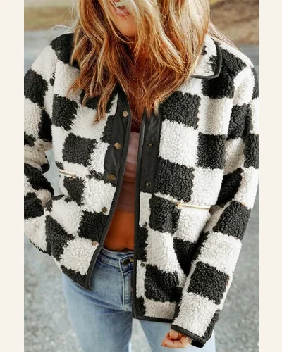 Casual Black Checkerboard Shacket Jacket Snap Button Boucle, view 4
