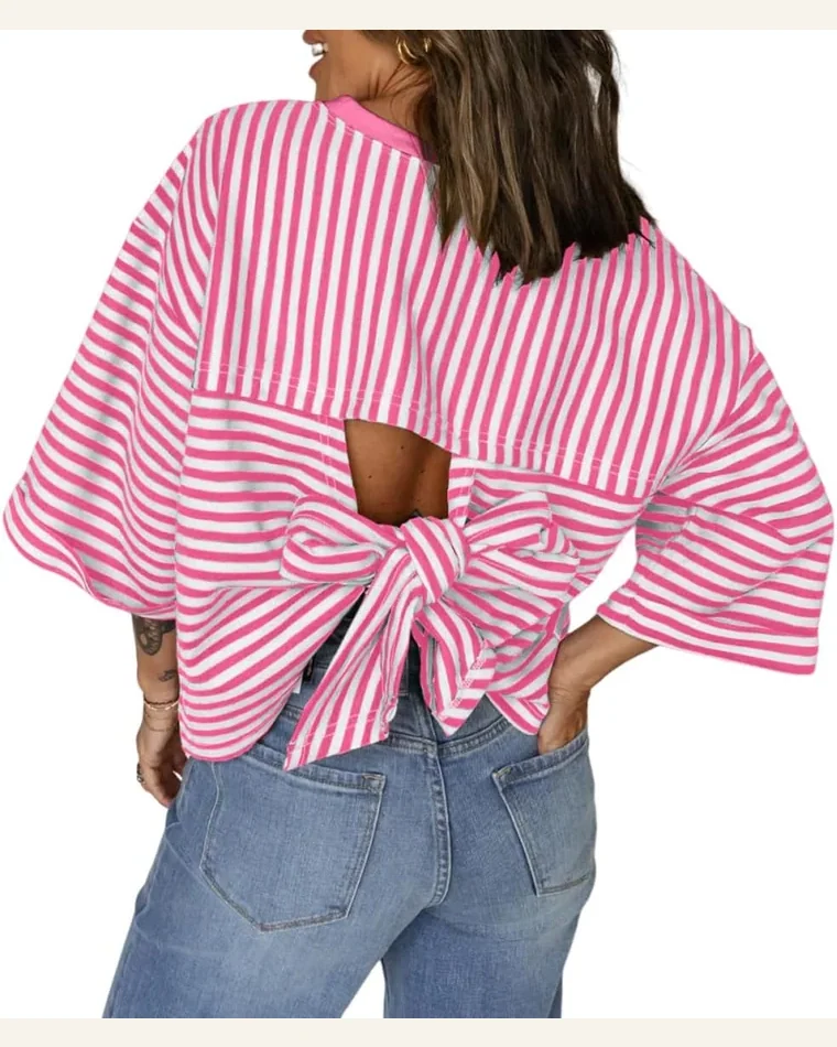 Tunic Tops Casual Pink Stripe Bow Decor Cutout by SELINK