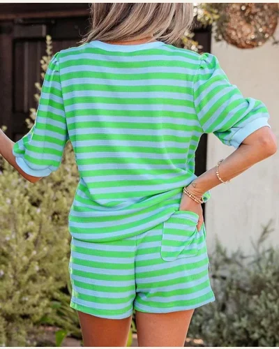 2 Piece Striped Shorts Set Casual Loose Puff, view 2