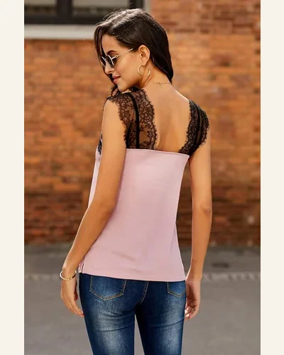 Lace Strappy V Neck Cami Tank Tops Casual, view 2