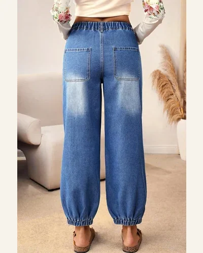 Casual Blue Buttons Loose Fit Jeans with Pockets, view 2