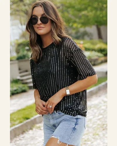 Short Sleeve T Shirt Casual Black Sequin Drop, view 4
