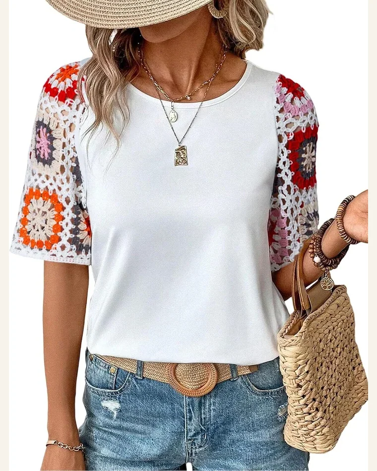 Summer Tops Casual Crewneck Floral Crochet Short Sleeve by SELINK