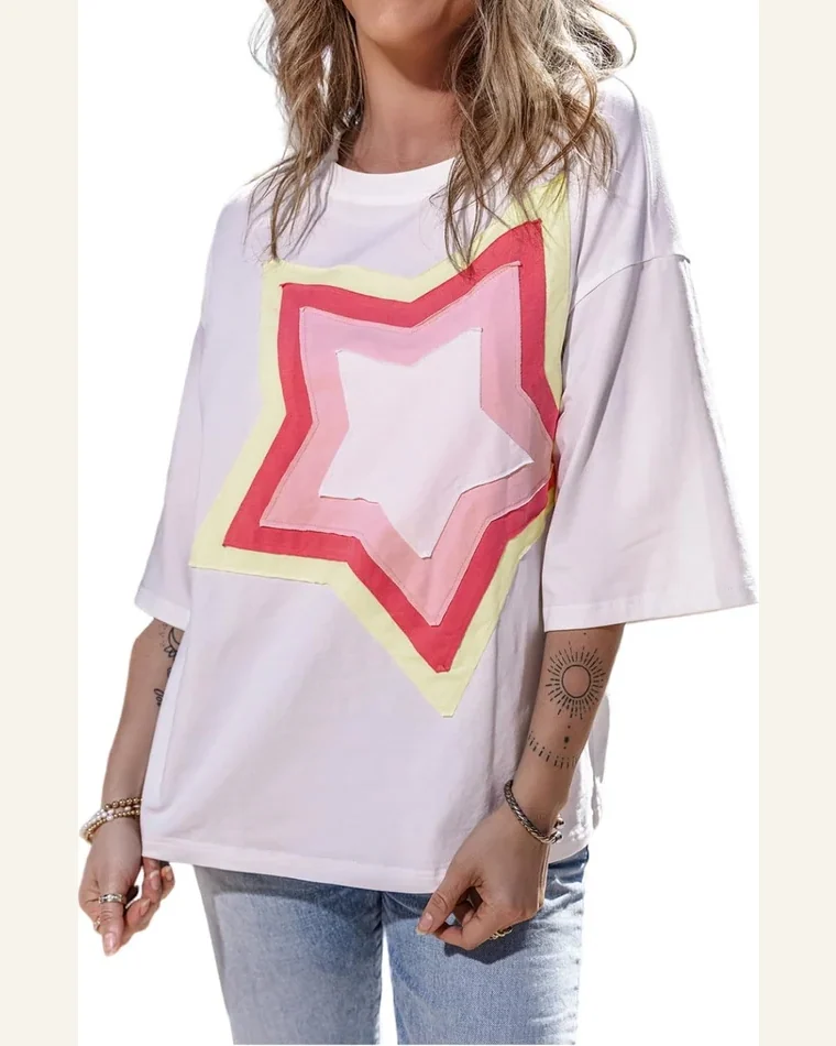 Short Sleeve T Shirt Casual White Colorblock Star by SELINK