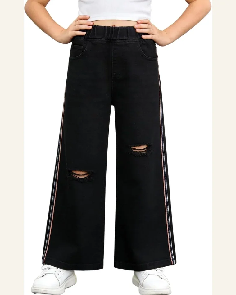 Girls Wide Leg Jeans Elastic Waistband Distressed Pants by SELINK