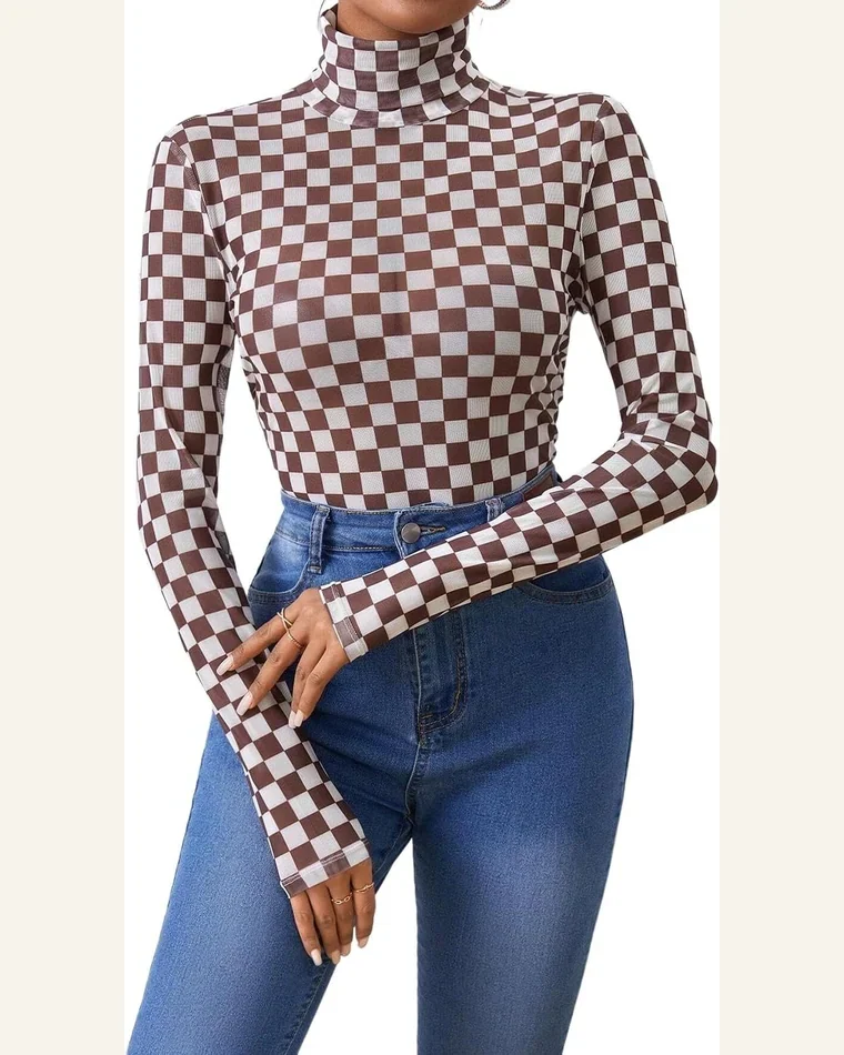 Bodysuit Brown Checkered Printed Long Sleeve High Neck by SELINK