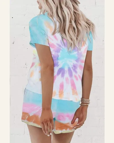 2 Piece Tie Dye Shorts Pajama Set Lounge, view 2