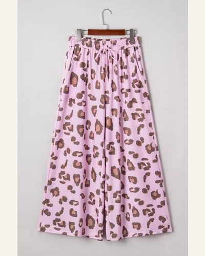 Casual Pink Leopard Print Pants Drawstring Elastic Waist, view 4