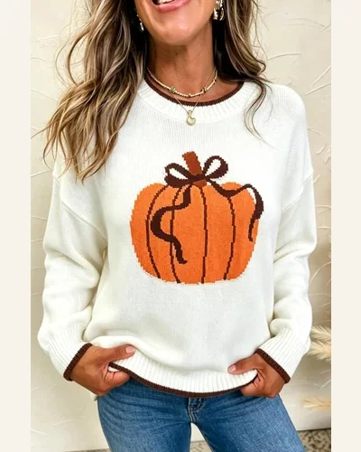 Casual Pumpkin Pattern Fall Pullover Sweater Chicory, view 3