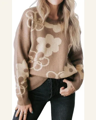 Pullover Sweater Tops Basic Camel Floral Drop Shoulder, view 1