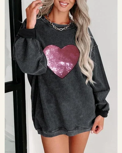Casual Sweatshirts Sequin Graphic Print Crew Neck Corded, view 3