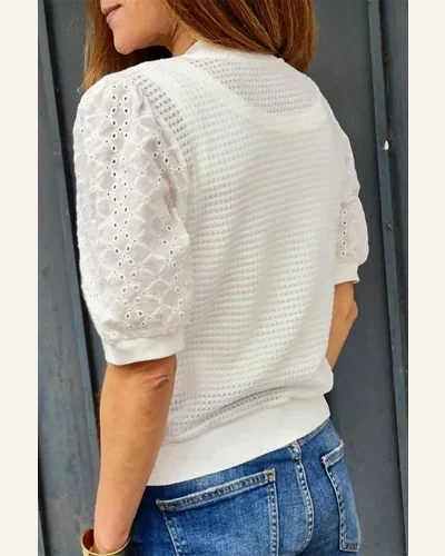 Short Sleeve T Shirt Casual White Broderie Anglaise, view 2
