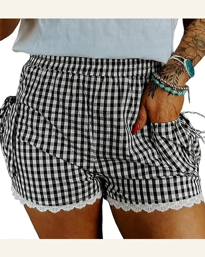 Western Black Gingham Lace Trim Shorts with Pouch, view 1