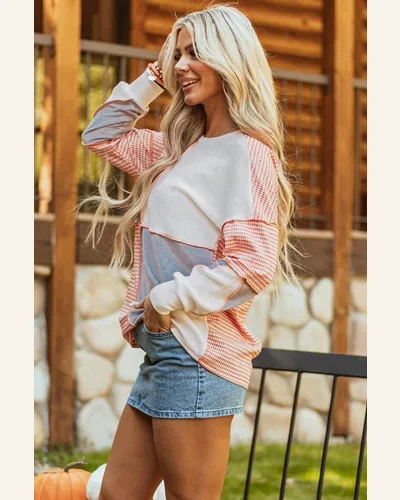 Tunic Tops Casual Multicolor Exposed Seam Colorblock Oversized, view 3