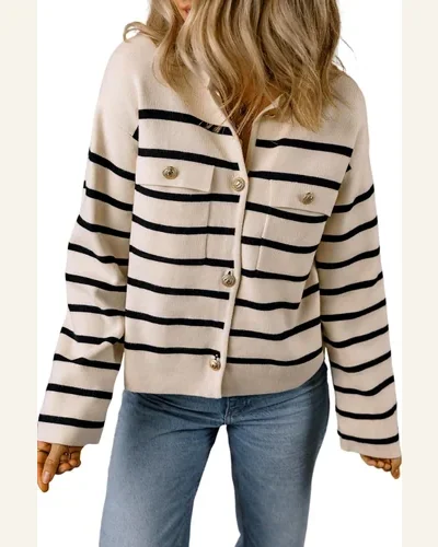 Cardigan Sweater Elegant Black Stripe Flap Pocket Buttoned, view 1