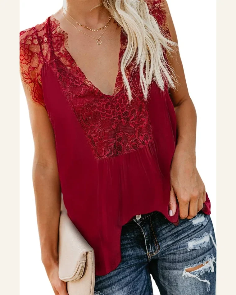 V Neck Sleeveless Lace Tank Tops Loose Chiffon by SELINK