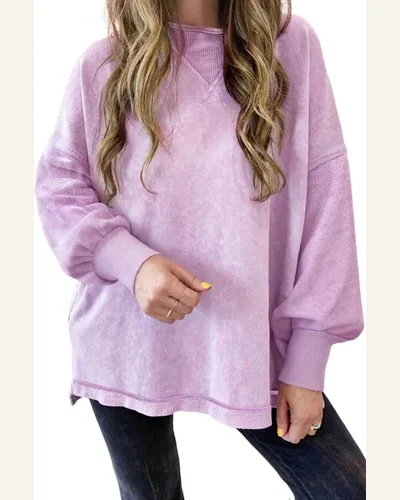 Casual Orchid Petal Mineral Wash Drop Shoulder Pullover, view 1
