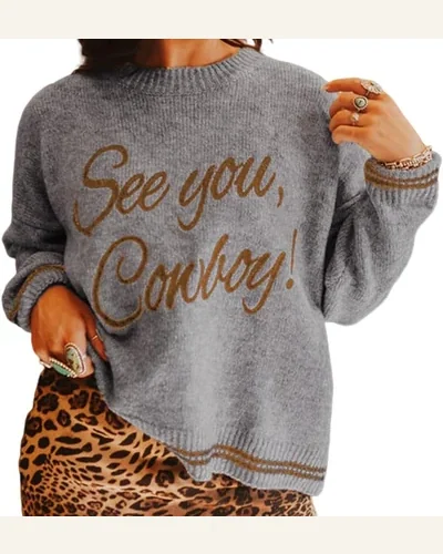 See You Cowboy Pullover Sweater Tops Embroidered Graphic, view 4