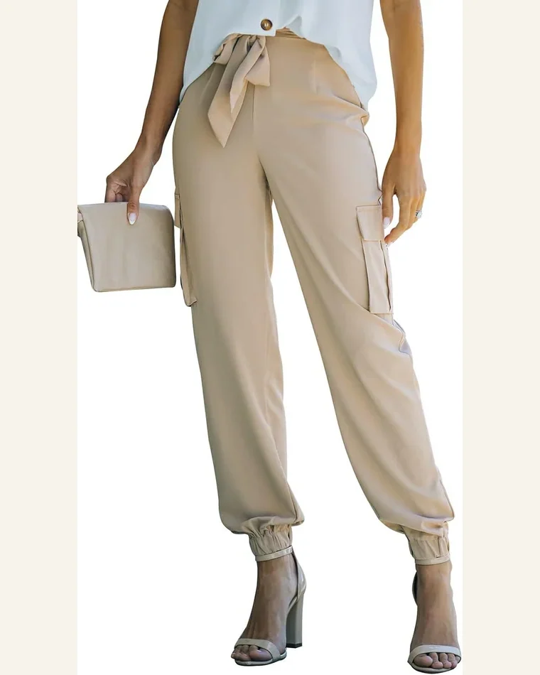 Pants Casual Khaki Side Pockets Slim Fit Knotted by SELINK