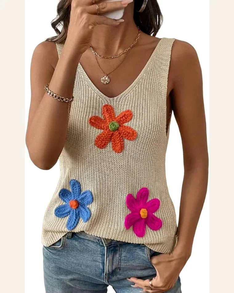 Summer Crochet Floral Tank Tops Back Twist Knit by SELINK
