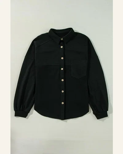 Shacket Jacket Casual Black Waffle Knit Patchwork Buttoned, view 3
