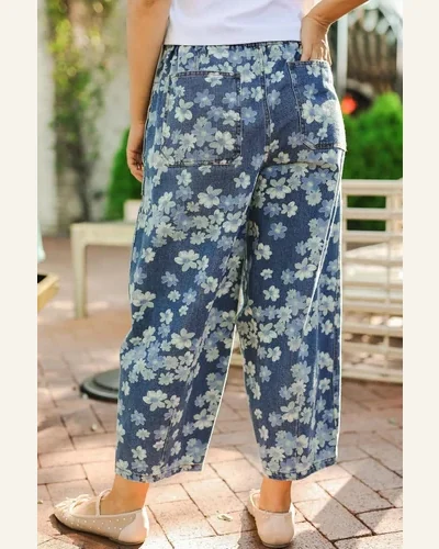 High Waisted Jeans Casual Sky Blue Dainty Floral, view 3