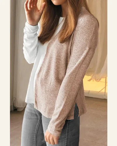 Tunic Tops Casual Khaki Colorblock Long Sleeve Crew, view 4