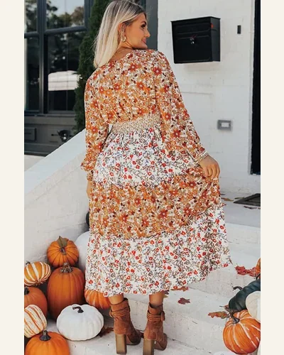 Fall Dresses Elegant Khaki Floral Print Ruffled Tiered, view 2