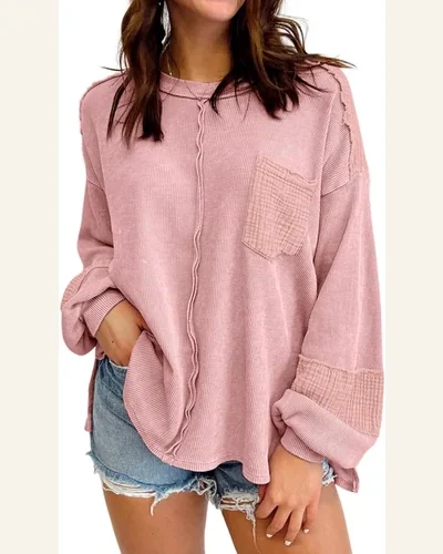 Tunic Tops Casual Pink Exposed Seam Patchwork Bubble, view 1