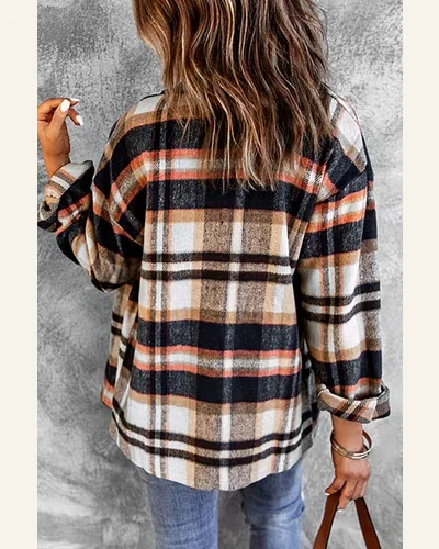 Shacket Jacket Casual Geometric Plaid Print Pocketed Shacket, view 3