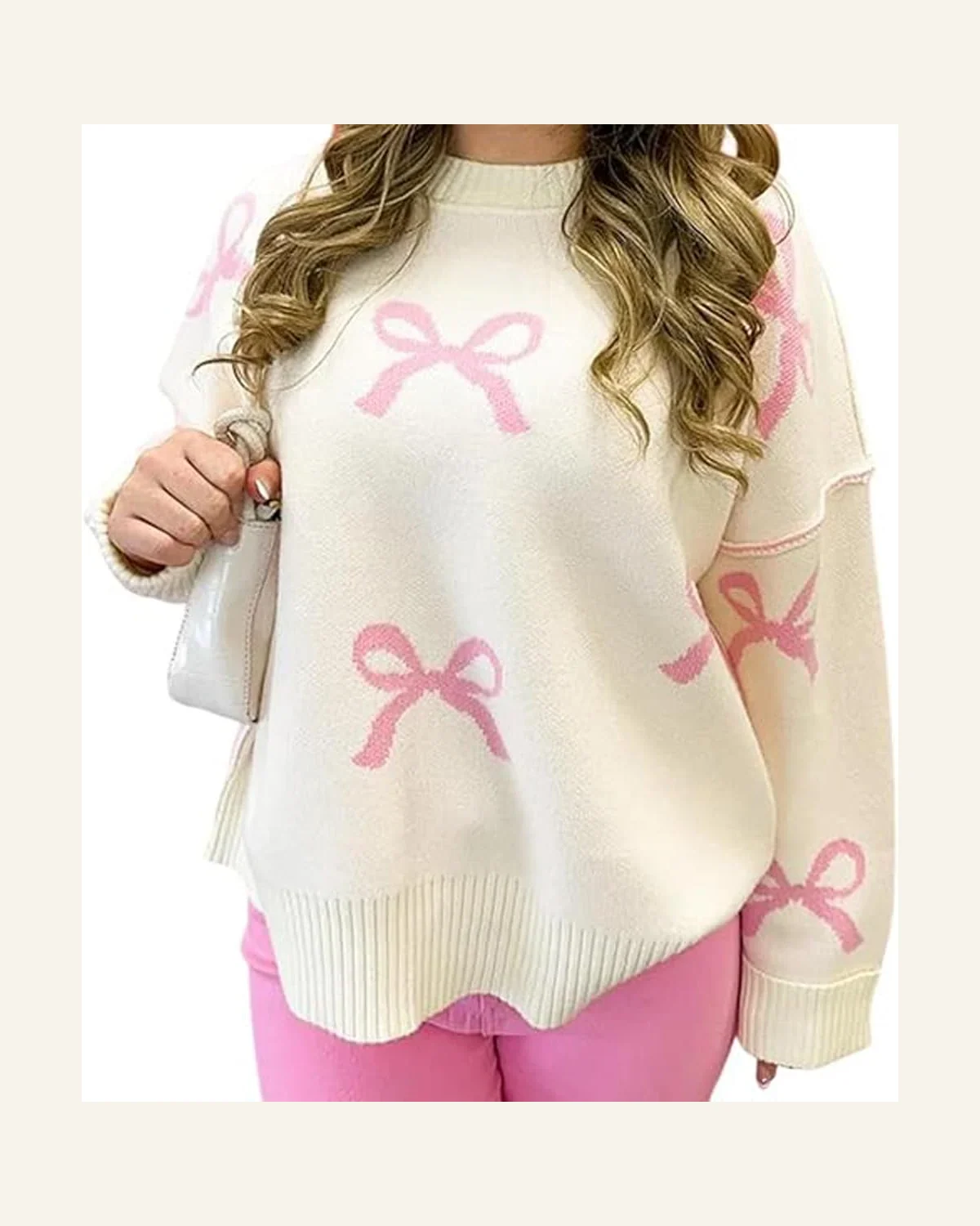 Casual Pink Bow Ribbed Trim Drop Shoulder Loose Sweater by SELINK