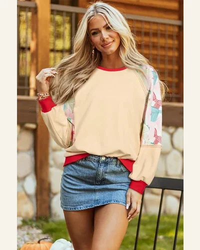Tunic Tops Country Beige Bowknot Printed Patchwork Raglan, view 3