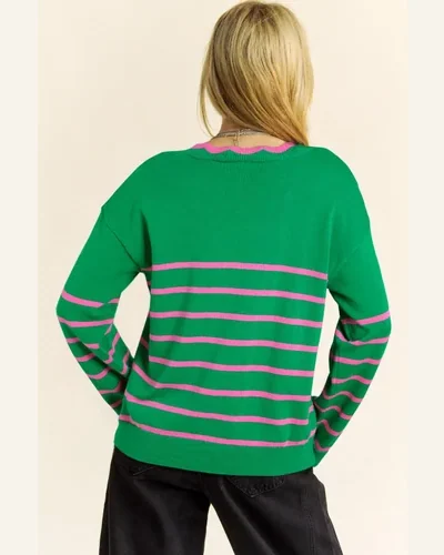 Cardigan Sweater Green Stripe Ribbon Bow Detail Sweater, view 2