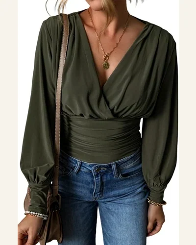 Bodysuit Elegant Moss Green Ruched Wrap V Neck, view 1