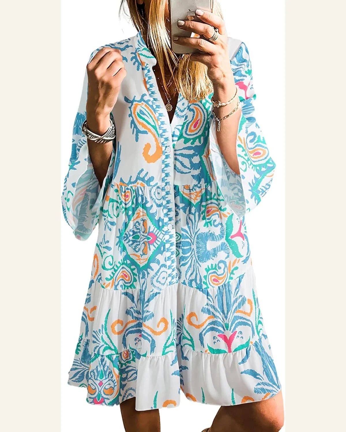 Long Sleeve Dresses Casual V Neck Tribal Mini by SELINK