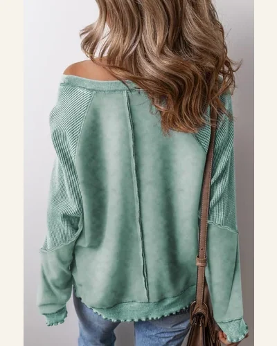 Casual Mineral Blue Waffle Knit Sweatshirts Solid Patchwork, view 2