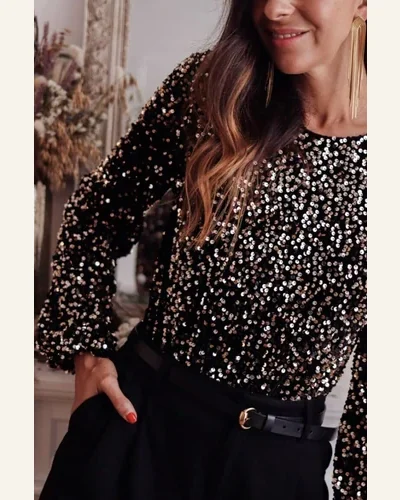 Bodysuit Elegant Black Deep V Back Sequin Puff, view 4