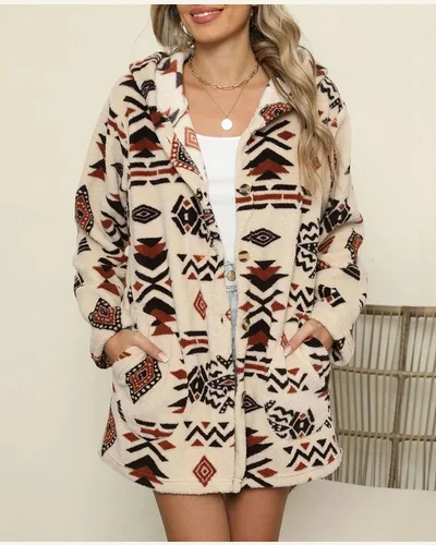 Aztec Fleece Hoodie Jacket Button Down Sherpa Coats, view 3