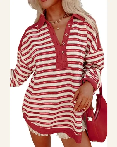 Tunic Tops Casual Red Stripe Buttoned V Neck, view 1