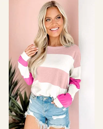 Tunic Tops Casual Light Pink Colorblock Striped Drop, view 4