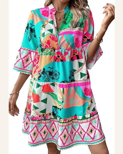 Long Sleeve Dresses Casual V Neck Tribal Mini, view 1