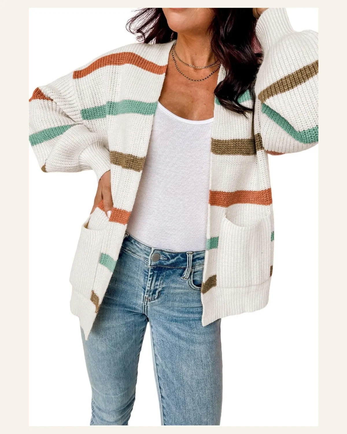 Cardigan Sweater Casual Beige Drop Shoulder Pocketed Stripe by SELINK